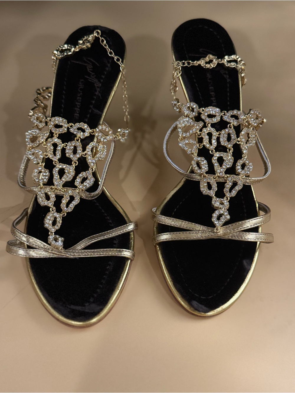 Giuseppe Zanotti Gold Swarovski Crystal Embellished T-Strap Sandals - Picture 2 of 8